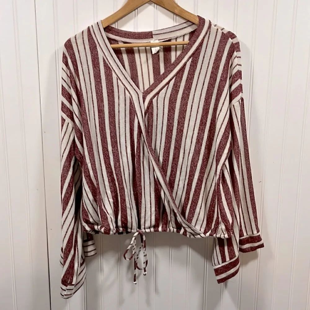 Lazy Sundays striped v-neck faux wrap bell sleeve blouse